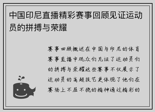 中国印尼直播精彩赛事回顾见证运动员的拼搏与荣耀