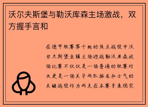 沃尔夫斯堡与勒沃库森主场激战，双方握手言和